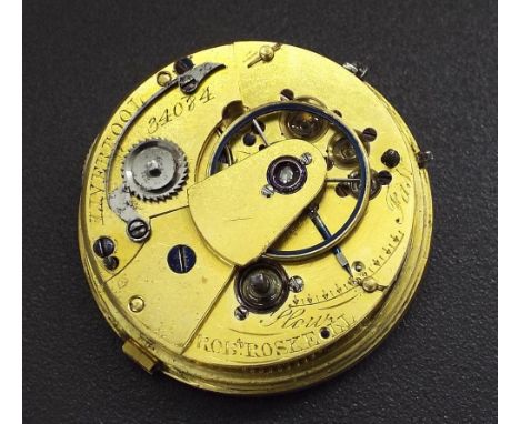 Robert Roskell fusee rack lever pocket watch movement, no. 34084, 17 jewel Liverpool runner with Liverpool jewelling to the f