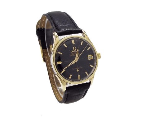 Omega Constellation Chronometer automatic gold plated gentleman's wristwatch, circa 1966, the black dial with baton markers, 