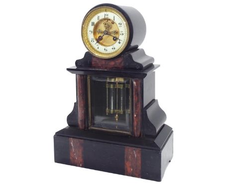 Black slate and red marble two train mantel clock striking on a bell, the 3.5" cream chapter ring enclosing a recessed visibl