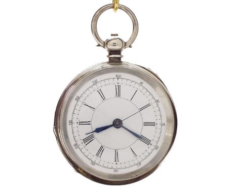 Silver engine turned lever centre second chronograph pocket watch, the dial with Roman numerals, outer 25-300 chapter and cen