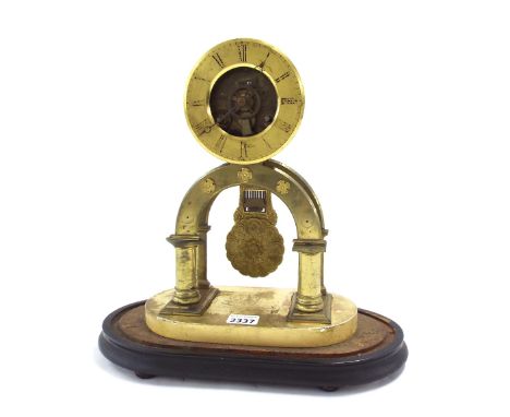 French brass two train mantel clock, the movement with outside countwheel striking on a bell, the 4.5" brass chapter enclosin