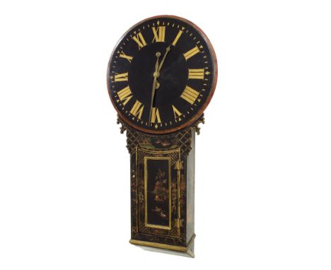 Ebonised chinoiserie single train tavern wall clock, the 21" dial with gilt Roman numerals above a trunk case decorated with 