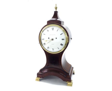 Good large English mahogany double fusee balloon mantel clock, the movement with engraved back plate signed James Haughton, L