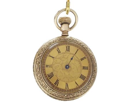 Waterbury Watch Co Duplex Series N gold plated pocket watch, foliate gilt dial with Roman numerals within an engraved case, 3