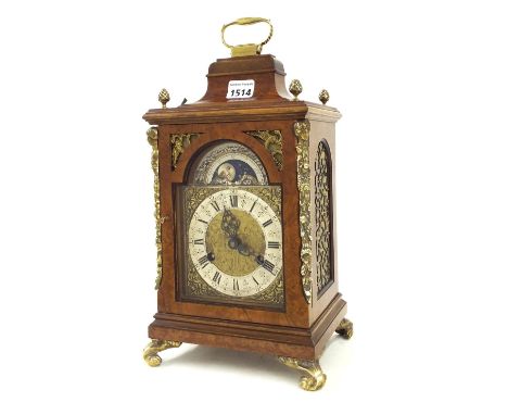 Dutch burr walnut two train bracket clock, the movement striking on a bell and the inside back door bearing a plaque inscribe