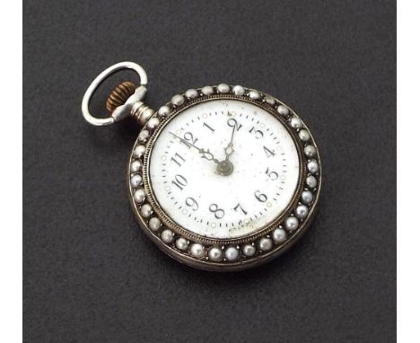 Attractive Swiss cylinder enamel fob watch, the white dial with Arabic numerals within a seed pearl bezel, the enamel back de