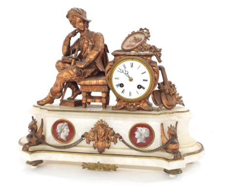 French gilded spelter and white onyx figural two train mantel clock, the movement with outside countwheel striking on a bell,