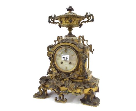 French ormolu two train mantel clock, the Vincenti movement striking on a bell, the 3.5" alabaster dial signed Monteil, Toulo