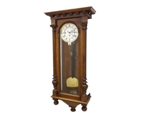Walnut three weight Grand Sonnerie Vienna regulator wall clock, the 6.25" dial within a glazed pillared case, 40" high (pendu