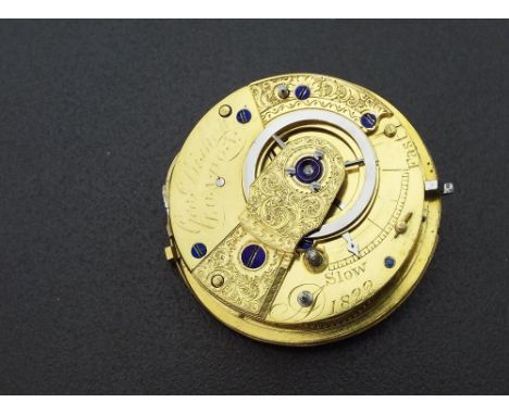Fusee cylinder pocket watch movement signed George Bishop, London, no. 1822, with flat steel balance, Bosley type regulator a