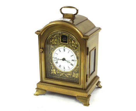 Good bronze reproduction two train small bracket clock, the movement striking on a bell behind a brass back plate repousse wi