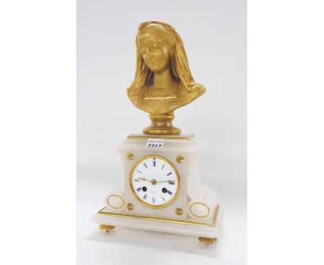 Alabaster and gilt metal two train mantel clock, the movement with outside countwheel striking on a bell, the 3.25" white dia