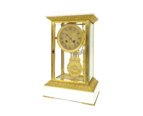 French white marble and gilt metal mounted four glass two train mantel clock, the movement striking on a gong over an unusual