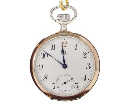 Omega silver (0.800) lever pocket watch, movement no. 5274857, the white dial with black Arabic numerals, red twelve and subs