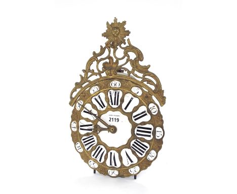 French lantern clock birdcage movement, the 9.5" brass dial with Roman and Arabic raised cartouche enamel numerals and surmou