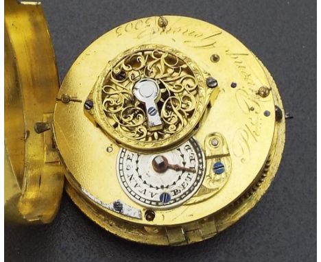 Continental fusee verge pocket watch movement, with hinged cover signed Rivenq a Geneve, no. 3003, enamel dial, 43mm diameter