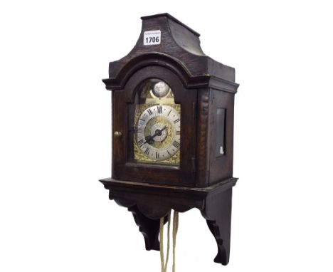 English oak hooded wall clock with alarm, the 4.25" brass arched dial signed Ja.L. Bath, Walcot, Bath on a silvered boss to t