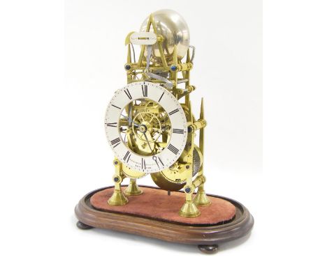 Good brass double fusee skeleton clock striking on a bell, the movement with deadbeat escapement and maintaining power, strik