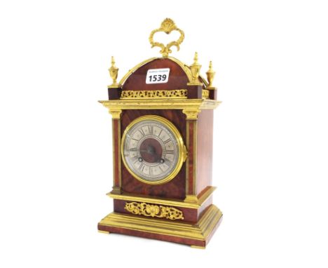 French tortoiseshell and ormolu mounted two train mantel clock, the Mougin movement striking on a gong, the 3" silvered dial 