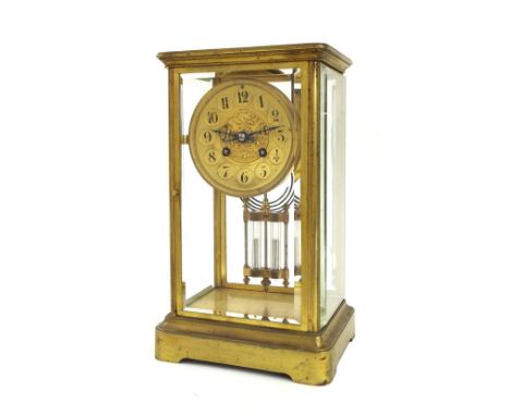 French brass four glass mantel clock, the Japy Freres movement striking on a bell, the 3.75" gilt dial signed Bozzo Angrs wit