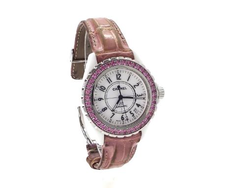 Chanel J12 automatic wristwatch, the bezel set with pink sapphires and diamonds, white dial with Arabic numerals, sweep centr