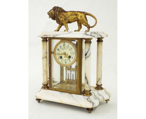 French white and dark veined marble two train portico and four glass mantel clock, the movement striking on a gong over a mer