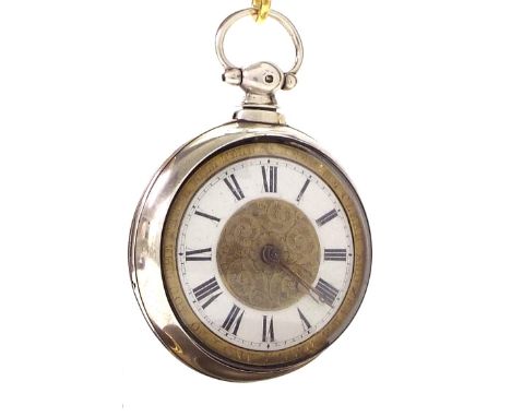 Silver 'motto dial' verge pair cased pocket watch, Birmingham 1834, the fusee movement signed Sexty Bros, Grantham, no. 1910,