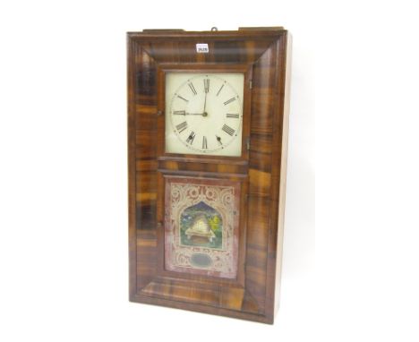 Jerome & Co rosewood two train American ogee wall clock, the 9.25" square cream dial plate over a table inset door painted wi