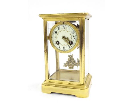 Small French gilt brass four glass two train mantel clock, the Japy Freres movement with outside countwheel striking on a bel