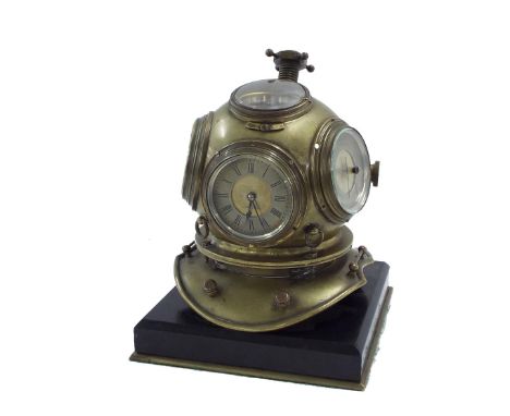 Good bronze novelty multi-dial desk timepiece in the form of a diver's helmet, the 2" clock dial with silvered chapter ring e