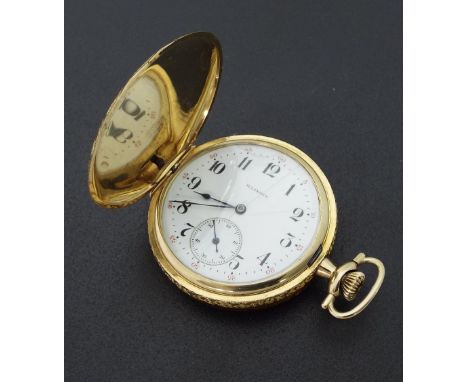 Illinois 14k hunter lever pocket watch, Stewart 17 jewel movement, no. 3374619, the dial with Arabic numerals, outer Arabic d
