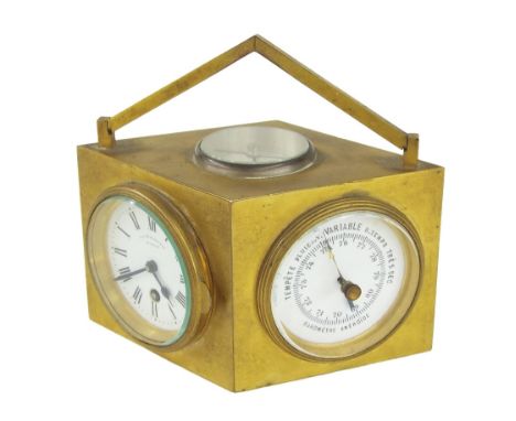 Small ormolu cased multi-dial timepiece, the 2" white clock dial signed A la Renaissance, Le Havre, fitted into the side with