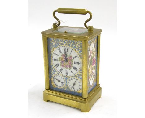 Reproduction porcelain panelled repeater carriage clock striking on a bell and gong, the case back plate inscribed Anker Hemm