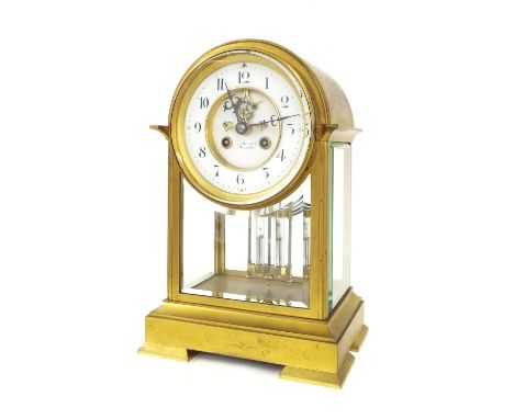 French brass four glass two train mantel clock, the S. Marti movement striking on a gong, the 5.25" white dial with recessed 
