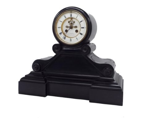 Black slate drumhead two train mantel clock, the movement signed Leroy &amp; Fils... with outside countwheel striking a bell,