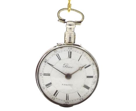 Silver verge pocket watch, signed Prior, London, Continental fusee movement with square baluster pillars, signed enamel dial 