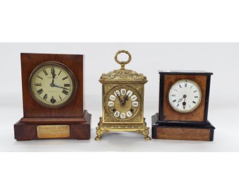 Small walnut single train mantel clock timepiece with W & H movement, with Camerer, Kuss & Co label to the inside back door, 