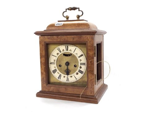 Reproduction double fusee verge bracket clock in need of assembly, the 6.5" square brass dial within a stepped burr walnut ca