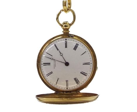 Henry Capt, Geneva 18k and enamel cylinder hunter fob watch, gilt bar movement, signed cuvette, no. 28691, the signed dial wi