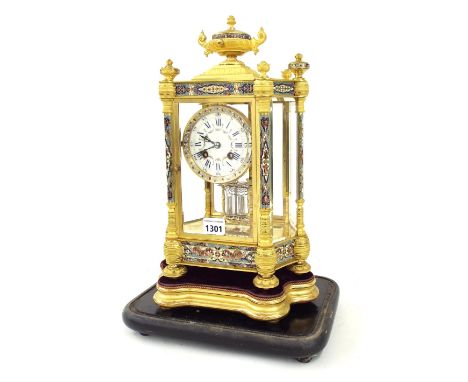 Good French ormolu and cloisonne two train mantel clock, the Vincenti movement striking on a gong, the 3.25" white dial withi