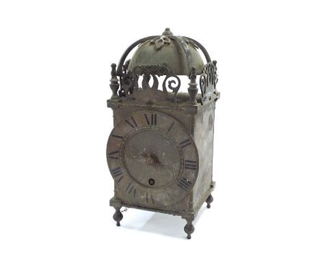 Brass lantern clock timepiece in need of restoration, 10" high