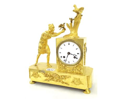 French ormolu figural two train mantel clock, the movement signed Barlot, with outside countwheel and striking on a bell, the