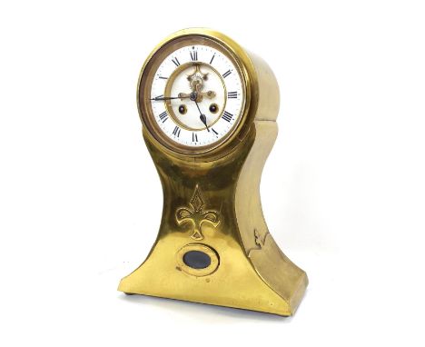 Brass two train balloon mantel clock, the movement with outside countwheel striking on a bell (missing), the 4.75" dial with 