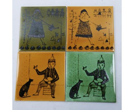 ANNE WYNN REEVES for H&R Johnson, 4 Nursey Rhyme series tiles, 15cm sqGood condition, no chips or cracks, surface crazing. 