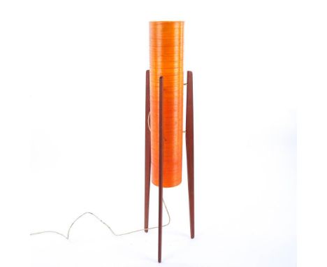 A 1970's retro orange fibreglass 'rocket' lamp, on teak legs, height 112cm 
