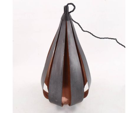 A mid century steel & copper pendant lamp, in bulb form, height 37cmSurface pitting to inner surfaces. 