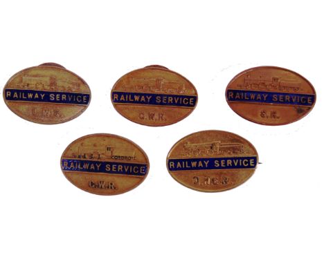 A collection of 5x original vintage WWII Second World War period Railway Service brass lapel badges having blue guilloche ena