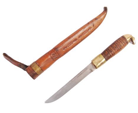 An early to mid 20th Century traditional Finnish Puukko hunting belt knife having a stacked wood grip, brass horse head pomme