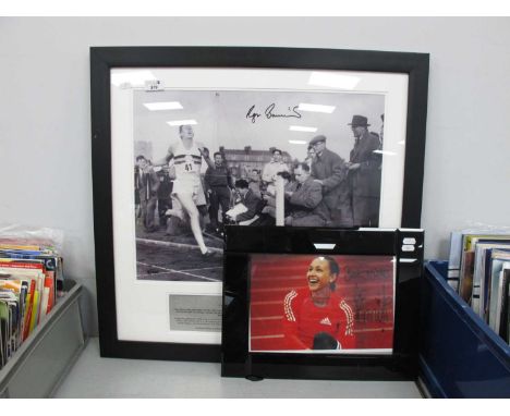 Roger Bannister Autograph, black pen signed (unverified) on an image of him completing the first sub-four-minute mile, as a m