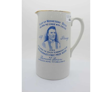 Sheffield Wednesday 1929 Pottery Jug Featuring Image of Alf Strange, Play Up Wednesday Boys You Won the League with Cheers wi